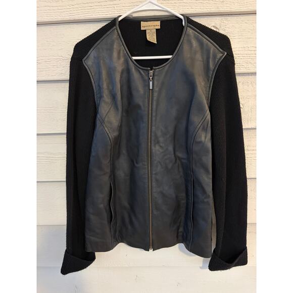 Apostrophe Black Leather Front Knit Sleeve Jacket XL Zip Up Moto Chic - Picture 3 of 8